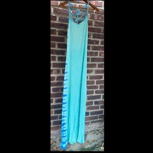 EUC Women’s M blue long tye dye dress pool beach cover up open back gorgeous